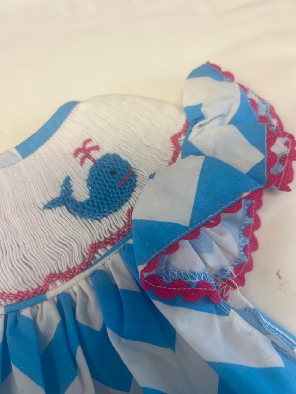 Blue Chevron Smocked Girls Dress with Pink Polka Dot Trim - Picture 3 of 7